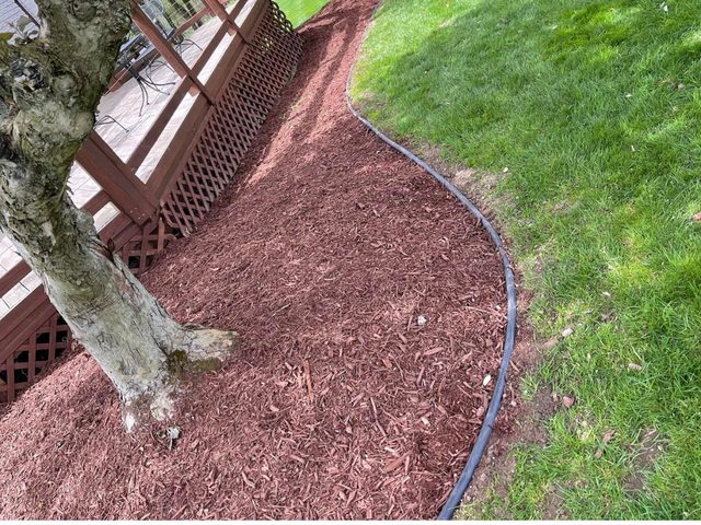 Freshly mulched bed with crisp black edging curving along a lawn beside a wooden deck and tree.