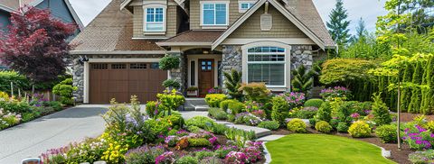 A landscaped front garden with flowering beds, stone edging, and a green lawn.